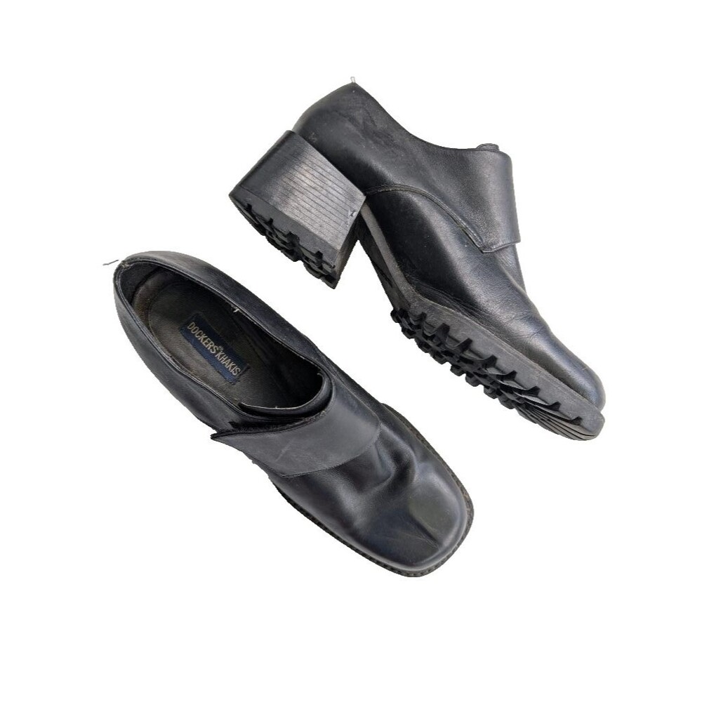 Y2K Dockers Khakis Black Leather Slip-On Loafers Block Heel Lug Sole 1990s Shoes